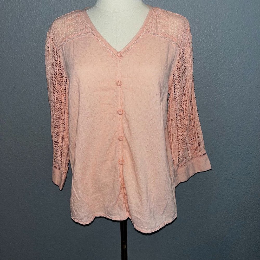 SOFT SURROUNDINGS Lahela Crochet Lace Trimmed Blouse Top - Peach Bisque - EUC -M